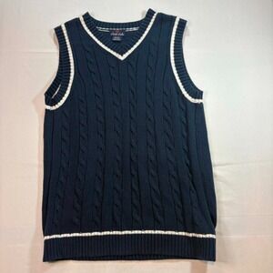 Class Club Boys Sweater Vest Size 16/18 Navy Blue Cable Knit Varsity Trim Cotton